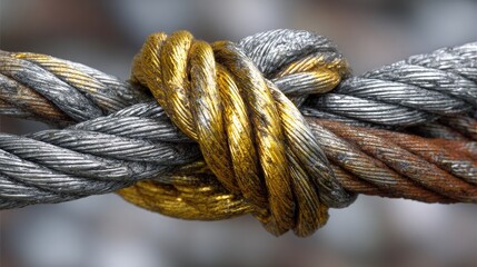 Close-up knot of two metallic cables, one gold-tinted, the other gray/rusty