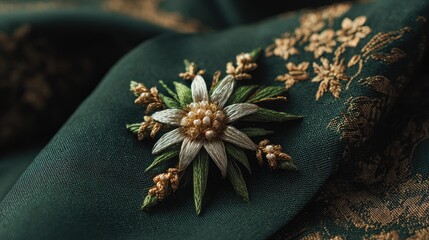 Detailed embroidery of edelweiss flower on dark green fabric