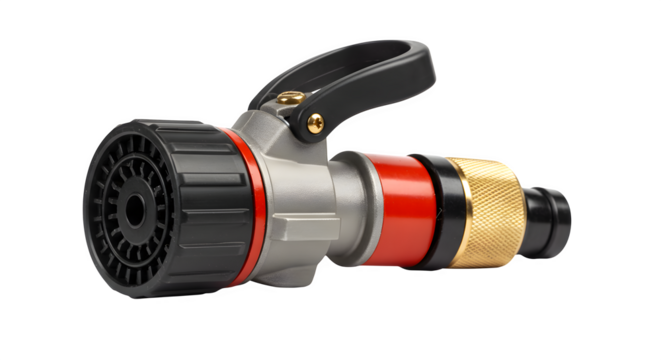 Gray water hose nozzle gleams against black, featuring red, gold, and textured elements. Ideal for product photography, catalogs, and technical demonstrations.