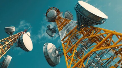 Yellow Communication Towers with Large Satellite Dishes Against a Pale Sky