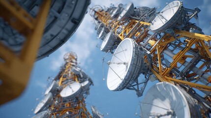 Yellow Communication Towers with Large Satellite Dishes Against a Pale Sky