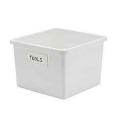 A transparent plastic storage bin with a neatly handwritten 'TOOLS' label, isolated on a transparent background, bright studio lighting, concept of organization and utility