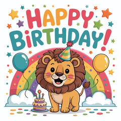 Fototapeta premium Cute cartoon lion with birthday cake and balloons on white background party hat