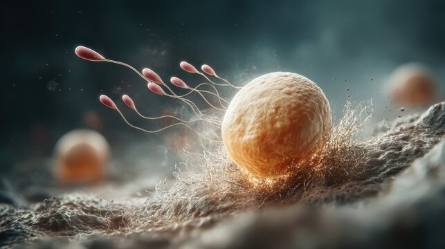 Sperm cells approaching an egg in a microscopic environment during fertilization process