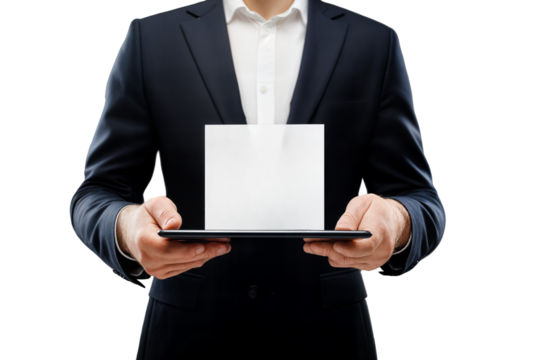 Professional businessman holding electronic device with screen displaying vibrant glowing paper on transparent background