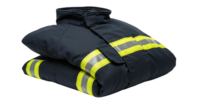Navy, yellow protective jacket shows texture, industrial style. Illustrates safety equipment, gear photography, personal protection.