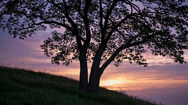 Silhouette of a tree on a hillside at sunset, captured from a low angle. The vibrant sky creates a serene, cinematic video backdrop.