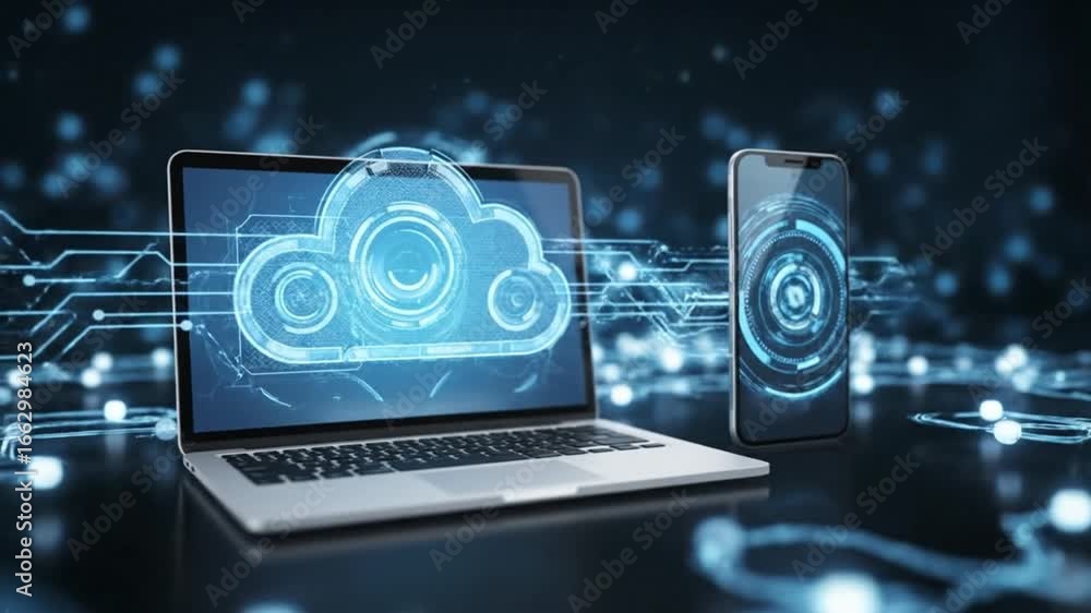 Poster a laptop and smartphone display glowing blue cloud computing and data synchronization icons, illustr