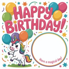 Fototapeta premium Cute unicorn with party hat and balloons with blank space for text birthday magical