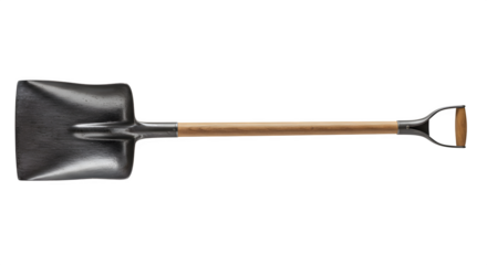 Silver shovel with wood handle is displayed. Product photography for outdoor/gardening equipment branding.
