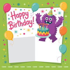 Fototapeta premium Fluffy purple monster with birthday cake and balloons greeting celebration candles