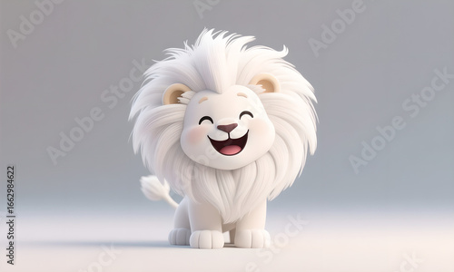 Cute Smiling Cartoon Lion Cub Illustration on Soft Gray Background