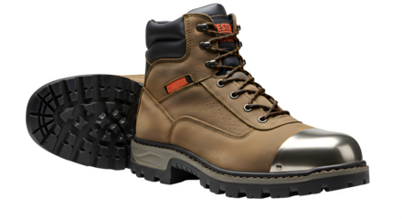 Leather work boot stands on black backdrop. Shows steel toe and lug sole for product photography, posters or shoe advertisement.