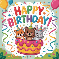 Fototapeta premium Fox bear and rabbit in cake with balloons and confetti celebrating birthday vector