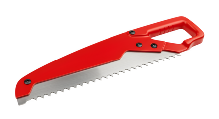 Red saw showcases metal blade detail against black. Use for tools, home repair, or DIY projects.