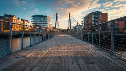 Obraz premium A wooden bridge spanning a river with a cityscape in the background.