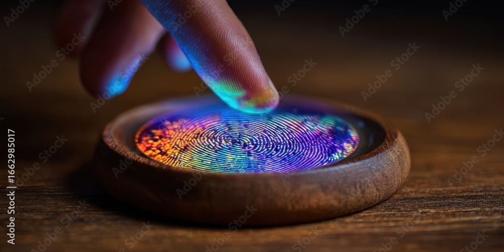 Poster the colorful fingerprint display on a wooden interface showcasing advanced technology.