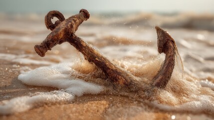 Obraz premium Anchor resting on the shore with ocean waves crashing around it at sunset