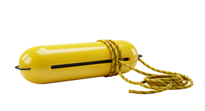 Yellow plastic case with nautical rope shows isolated against black. For product mockups, or graphic resource backgrounds.