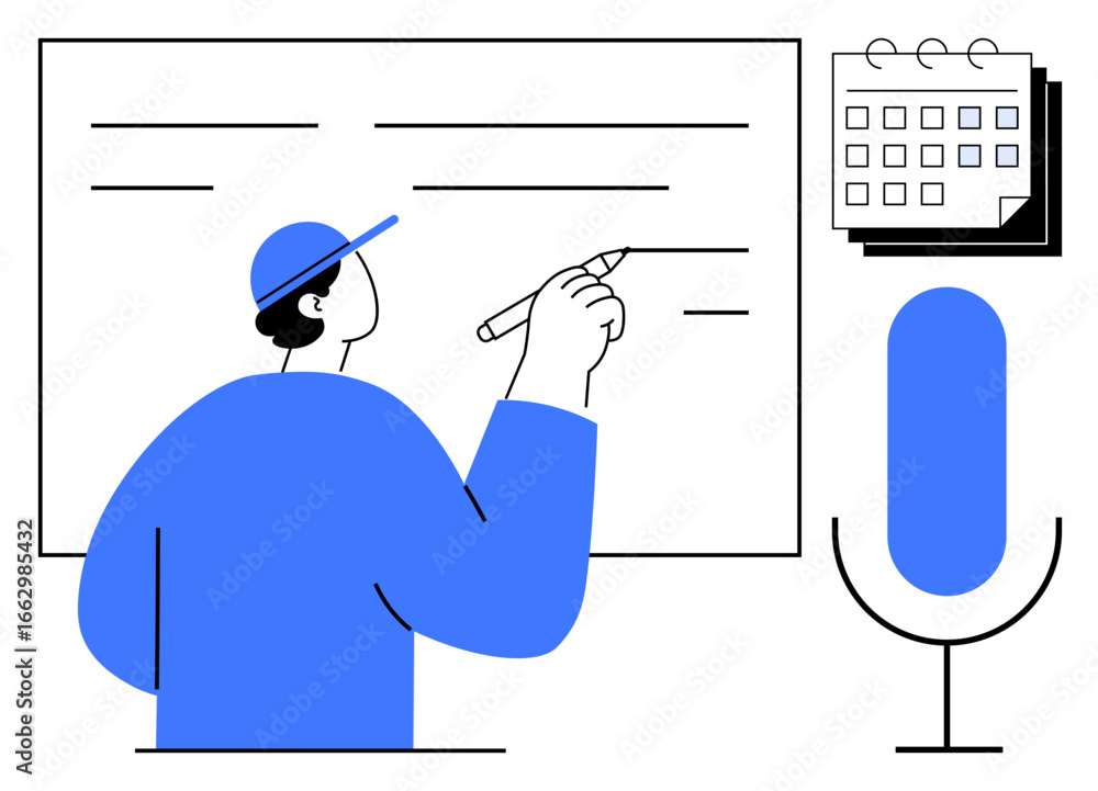 Poster worker preparing presentation on whiteboard with pen while referring to a calendar and speaking into