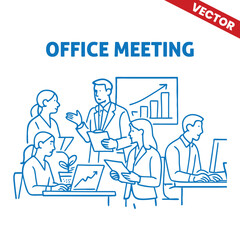 Business Professionals Collaborating in a Meeting Room with Laptops and Graphs - Outline Graphic Illustration