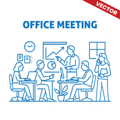 Team of Professionals Engaged in Meeting with Presentation Board - Outline Graphic Illustration