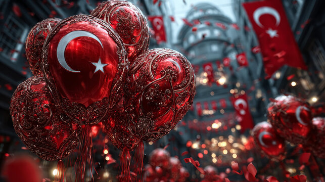 Banner of 30 august Victory Day Turkey. Zafer bayrami. Vector illustration with red air balloons with turkish symbol. Translation: August 30, Victory Day, Happy Birthday.