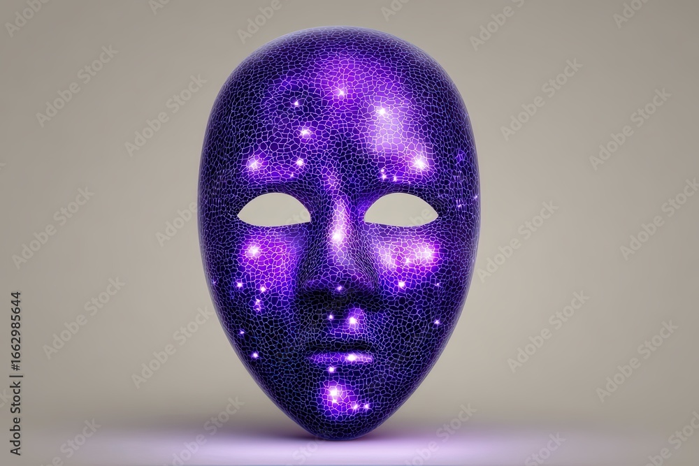 Poster Ethereal purple mask adorned with intricate polygonal patterns radiating cosmic luminescence reflecting identity perception and emotional abstraction within contemporary art exploration