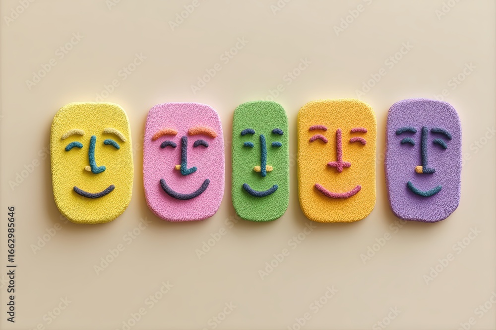 Poster colorful sponge faces arranged in sequence expressing happiness and joy with a playful design showca