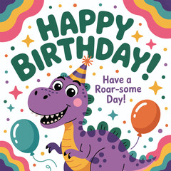 Fototapeta premium Happy Birthday card with a purple dinosaur and balloons saying Roar-some Day greeting