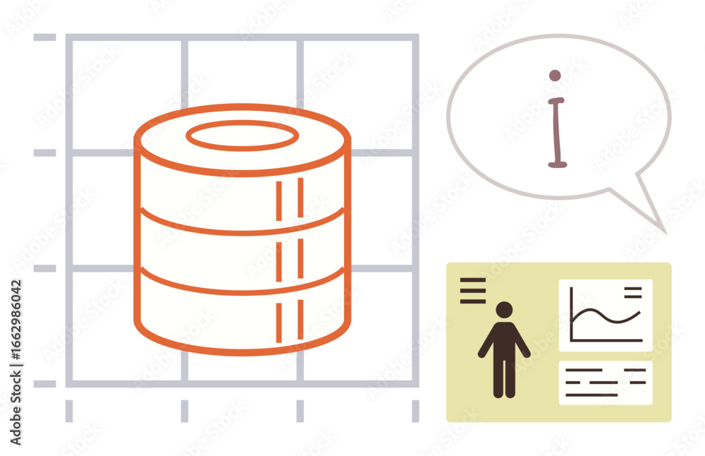 Poster data storage stack on grid, info bubble with text, human figure reviewing graphs and charts. ideal f