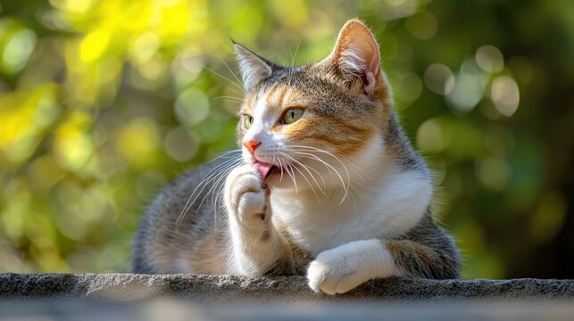 A calico cat with green eyes and white paws is grooming itself on a stone wall. - Powered by Adobe