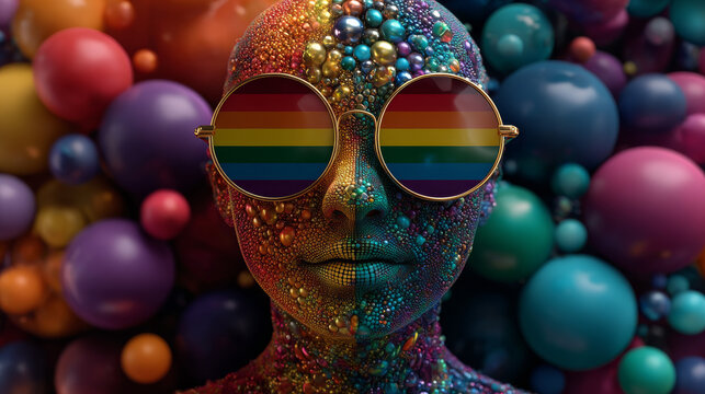 Pride Month greeting card. Banner for Pride Month with 3d funny smile emoji with rainbow sunglasses on eyes for design of LGBTQ events. Human rights and tolerance concept. Vector illustration.