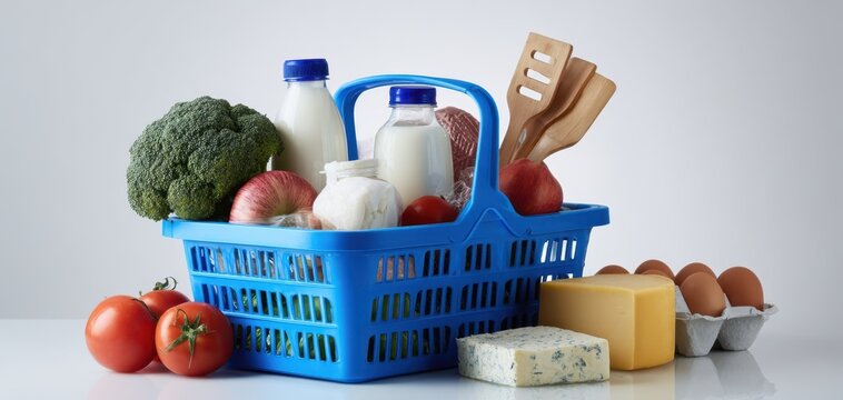 The blue grocery basket brimming with fresh produce and dairy essentials