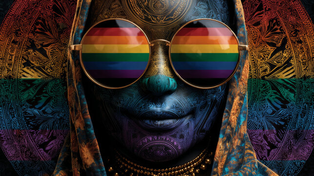 Pride Month greeting card. Banner for Pride Month with 3d funny smile emoji with rainbow sunglasses on eyes for design of LGBTQ events. Human rights and tolerance concept. Vector illustration.