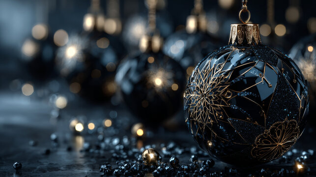 Christmas holiday banner with black balls. Vector illustration with realistic balls, snowflakes, confetti and bokeh with blur effect on black background.