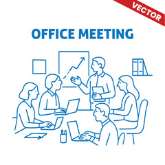 Office Meeting with One Person Presenting a Graph and Others Using Laptops - Outline Graphic Illustration