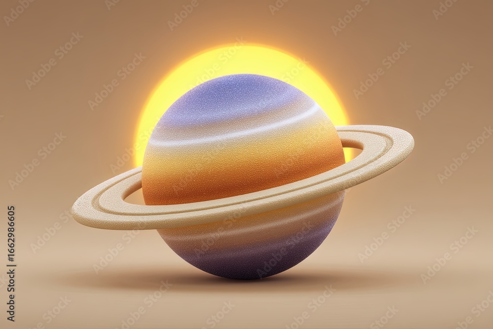 Poster captivating 3d representation of saturn adorned with colorful rings illuminating against a warm back