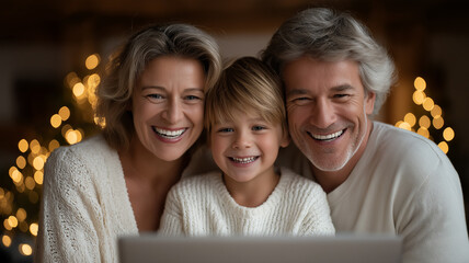 Three family members share joy in cozy sweaters during a virtual Christmas gathering Generative AI
