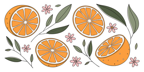 A flat lay arrangement of fresh orange slices and whole oranges on a clean white background. The orange slices are vibrant and juicy, arranged in a scattered, aesthetically pleasing pattern. Some of t