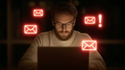 Aman checking emails with phishing warnings on his laptop - Powered by Adobe