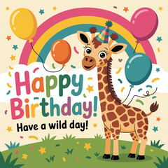 Fototapeta premium Happy Birthday giraffe with party hat and balloons have a wild day celebration