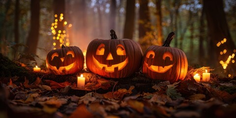 The warm glow of carved pumpkins illuminating an autumn forest scene.