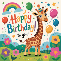 Fototapeta premium Happy birthday giraffe with rainbow, balloons and flowers on a festive card celebration
