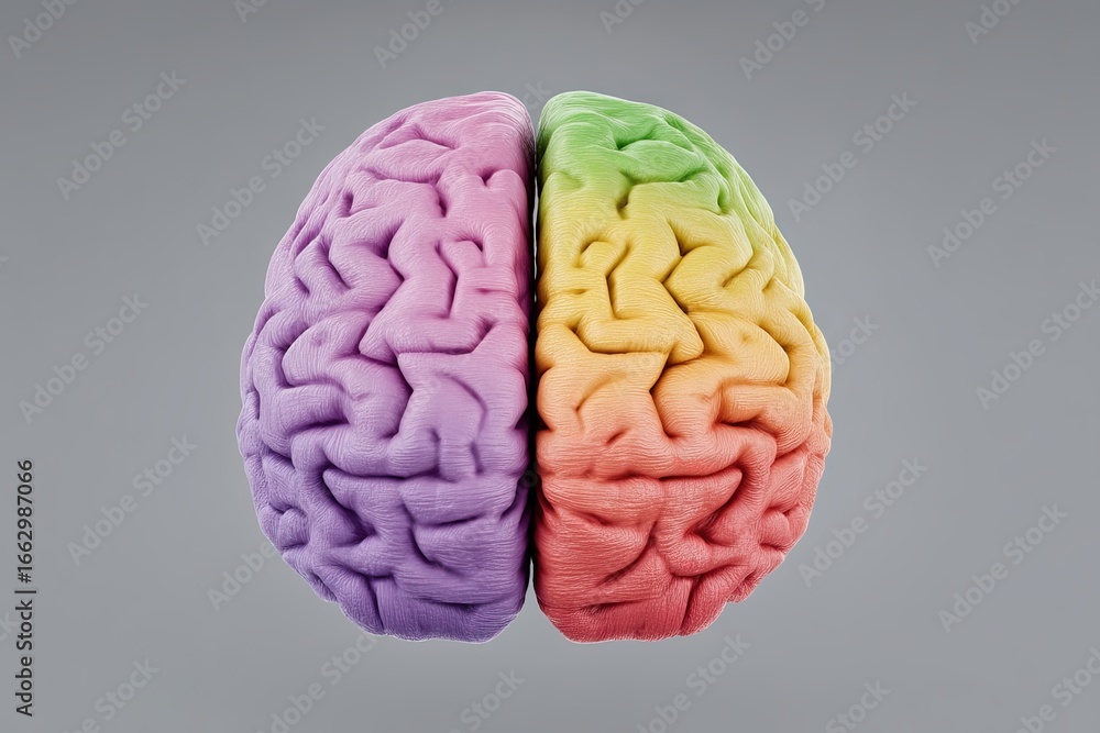 Poster colorful brain model illustrating cognitive diversity showcasing the unique hemispheric functions of
