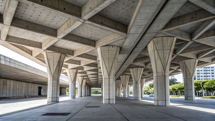 Concrete columns supporting an overpass with trees nearby. Suitable for construction, infrastructure, urban development, transportation, and cityscape concepts.