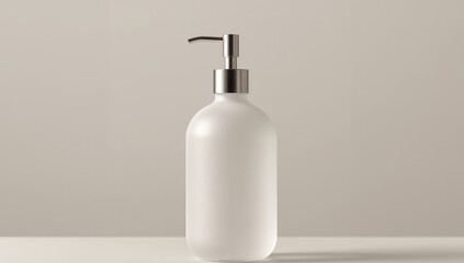 Minimalist frosted glass soap dispenser with stainless steel pump, isolated on white.
