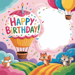Fototapeta premium Happy birthday greeting card with happy animals and cupcake hot air balloon celebration