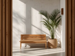 Minimalist Interior with Wooden Bench, Palm Tree, and Textured Wall in Natural Light