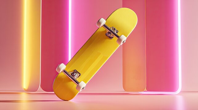 Yellow skateboard in neon light